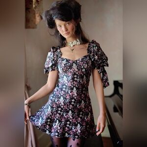 SELKIE 100% SILK black cat floral tuxedo poet bow rose puff off shoulder mini